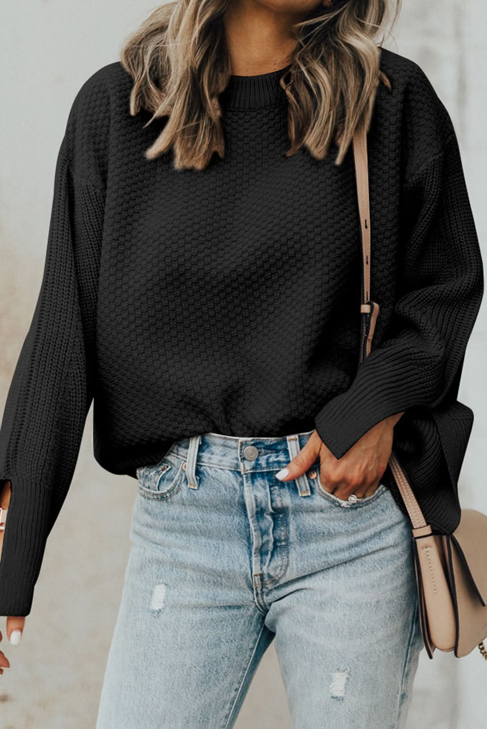 Dark Green Textured Knit Sweater.