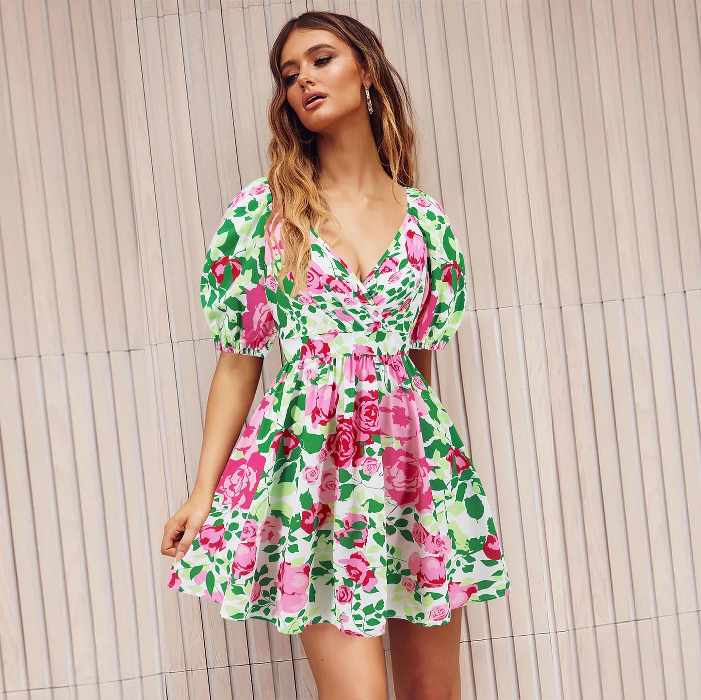 Flowers Print V-Neck Lantern-sleeve Dress.