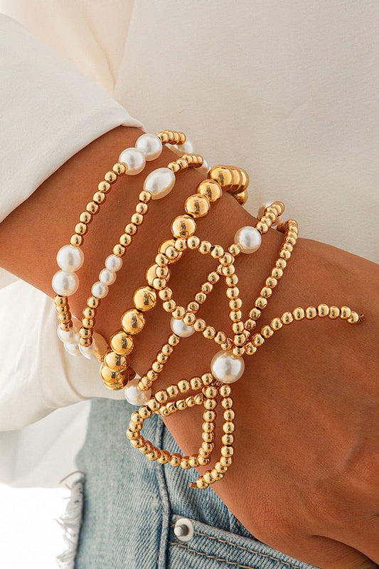 Gold Bow Knot Pearl Beaded Multi Layered Bracelet Set.