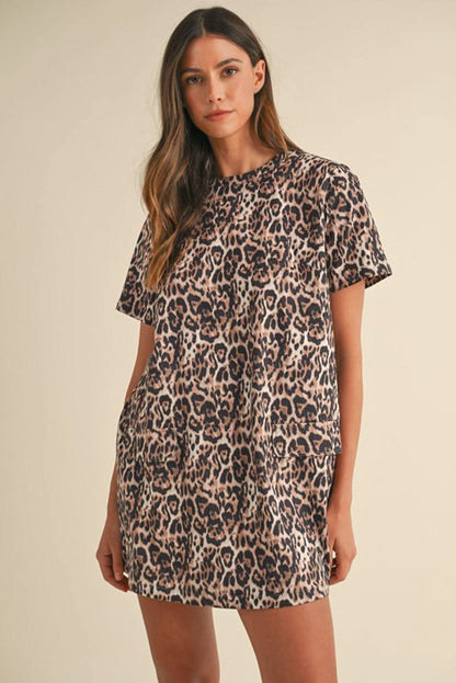 Brown Leopard Print Short Sleeve Pocket Mini Dress.