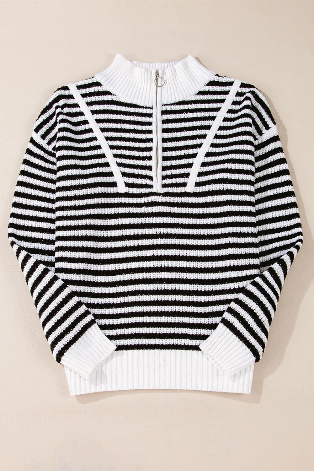 Black Stripe Zip Up Collar Drop Sleeve Sweater.