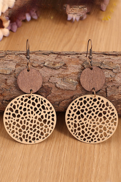 Khaki Hollow Out Wooden Chip Round Drop Earrings