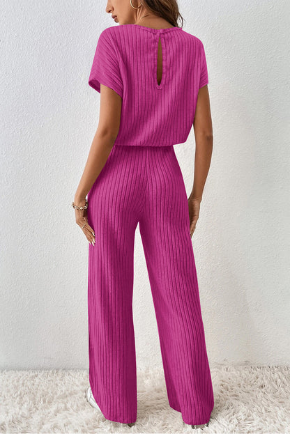 Parchment Ribbed Short Sleeve Wide Leg Jumpsuit