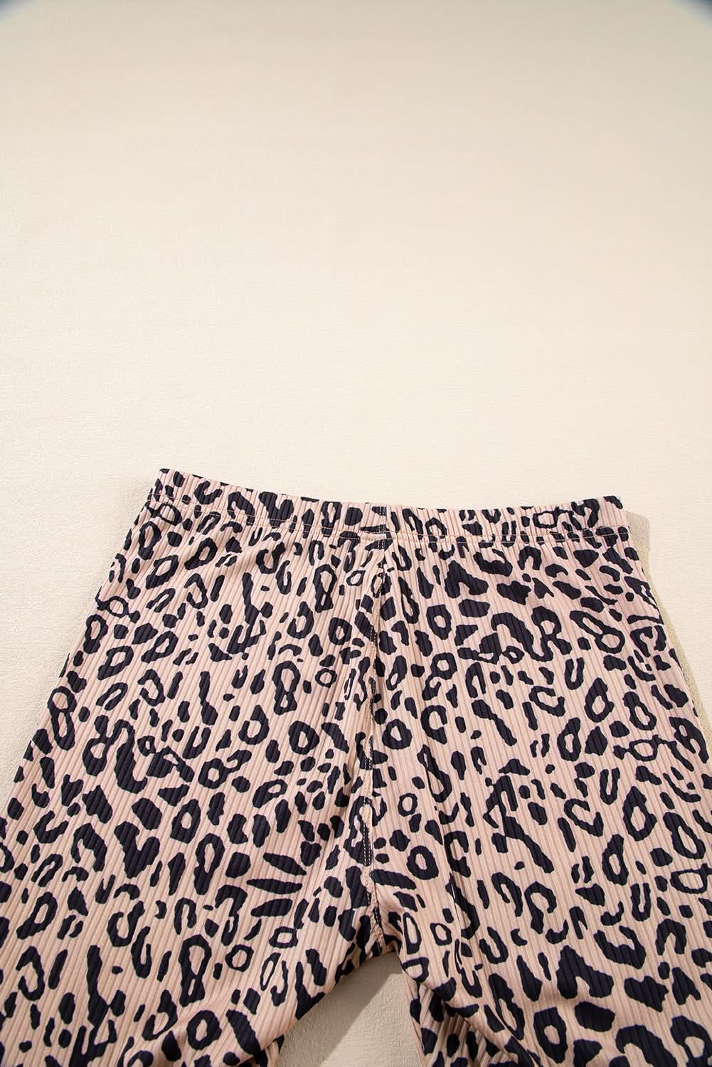 Khaki Leopard Print Ribbed Textured Knit Biker Shorts.