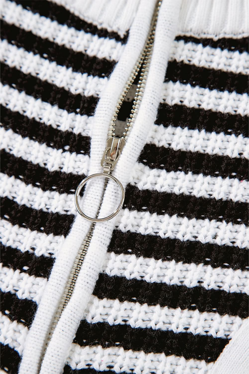 Black Stripe Zip Up Collar Drop Sleeve Sweater.