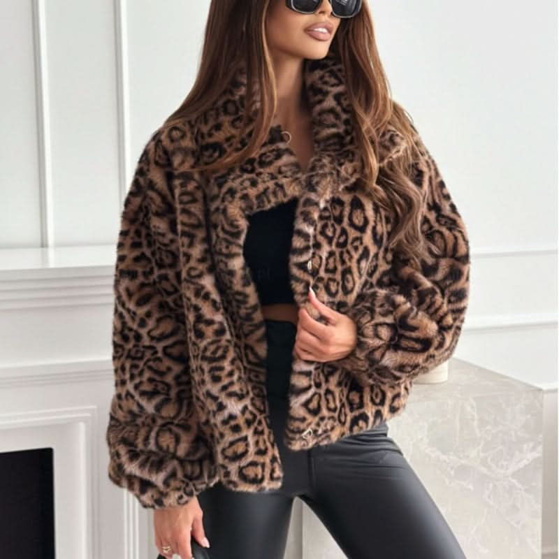 Fashion Personality Fur Leopard Print Lapel Short Coat.