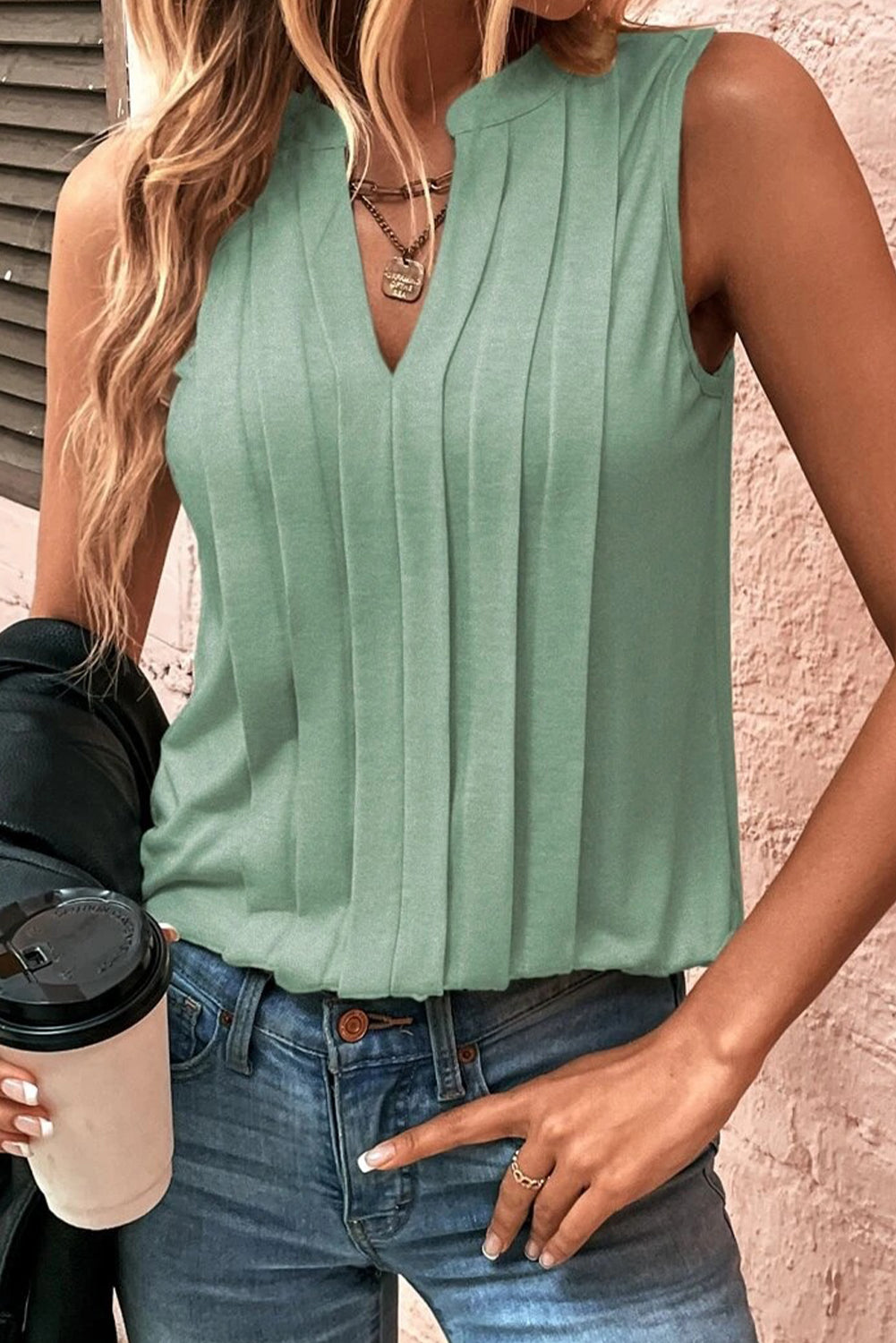 Smoke Green Pleated V Neck Vest.