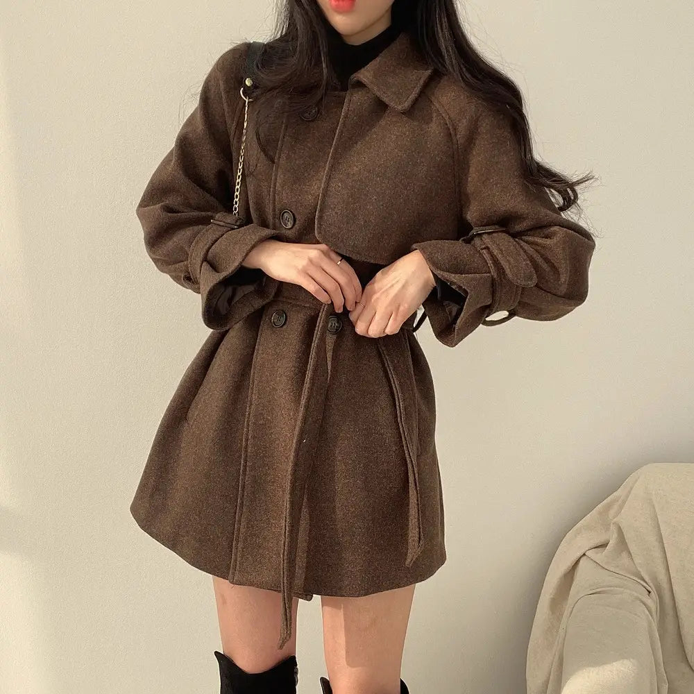 Korean Style Fashion Lace-up Retro Woolen Trench Coat