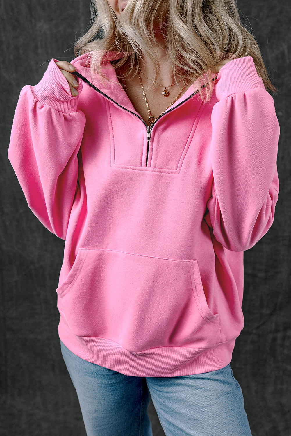 Zip-up Stand Neck Kangaroo Pocket Hoodie.