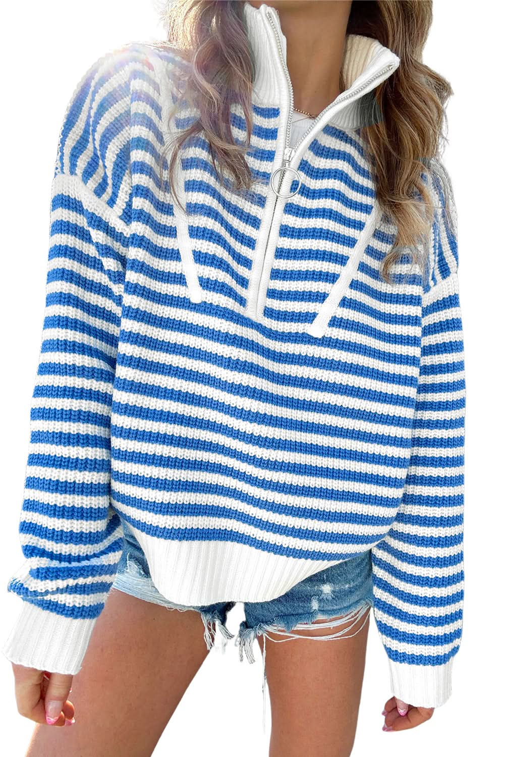 Black Stripe Zip-Up Collar Drop Sweater for Casual Elegance