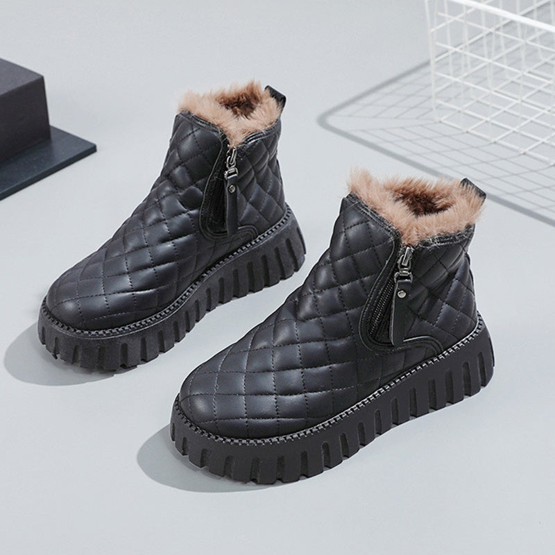 Women's Plaid Pattern Platform Ankle Boots Casual Side Winter Snow Boots