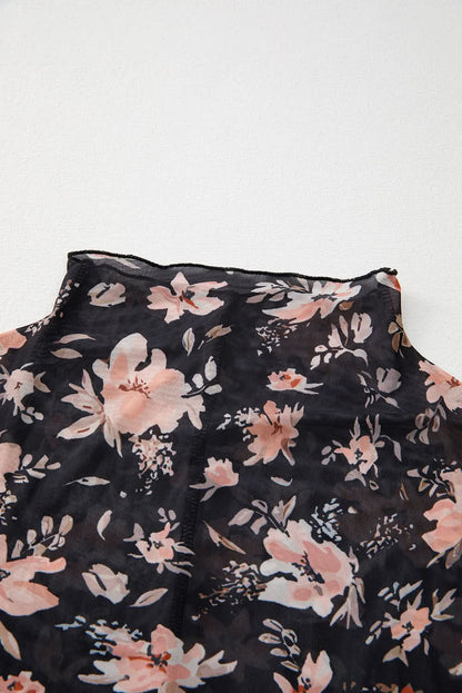 Black Floral Long Sleeve Slim Fit Mesh Top.