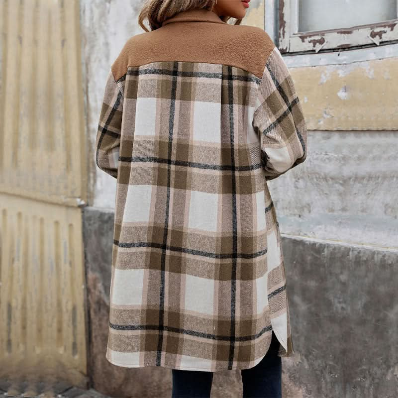 New Brushed Plaid Long Coat With Pockets Fashion Winter Jacket.