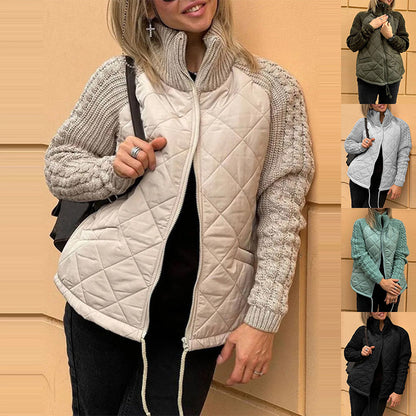 Stand Collar Cotton Jacket With Pockets Fashion Knitted Stitching Zipper