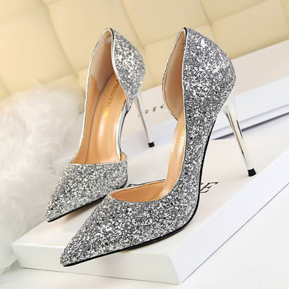 Skinny Women's Shoes Stiletto Heel Shallow Mouth Pointed Side Hollow-out Sequin.