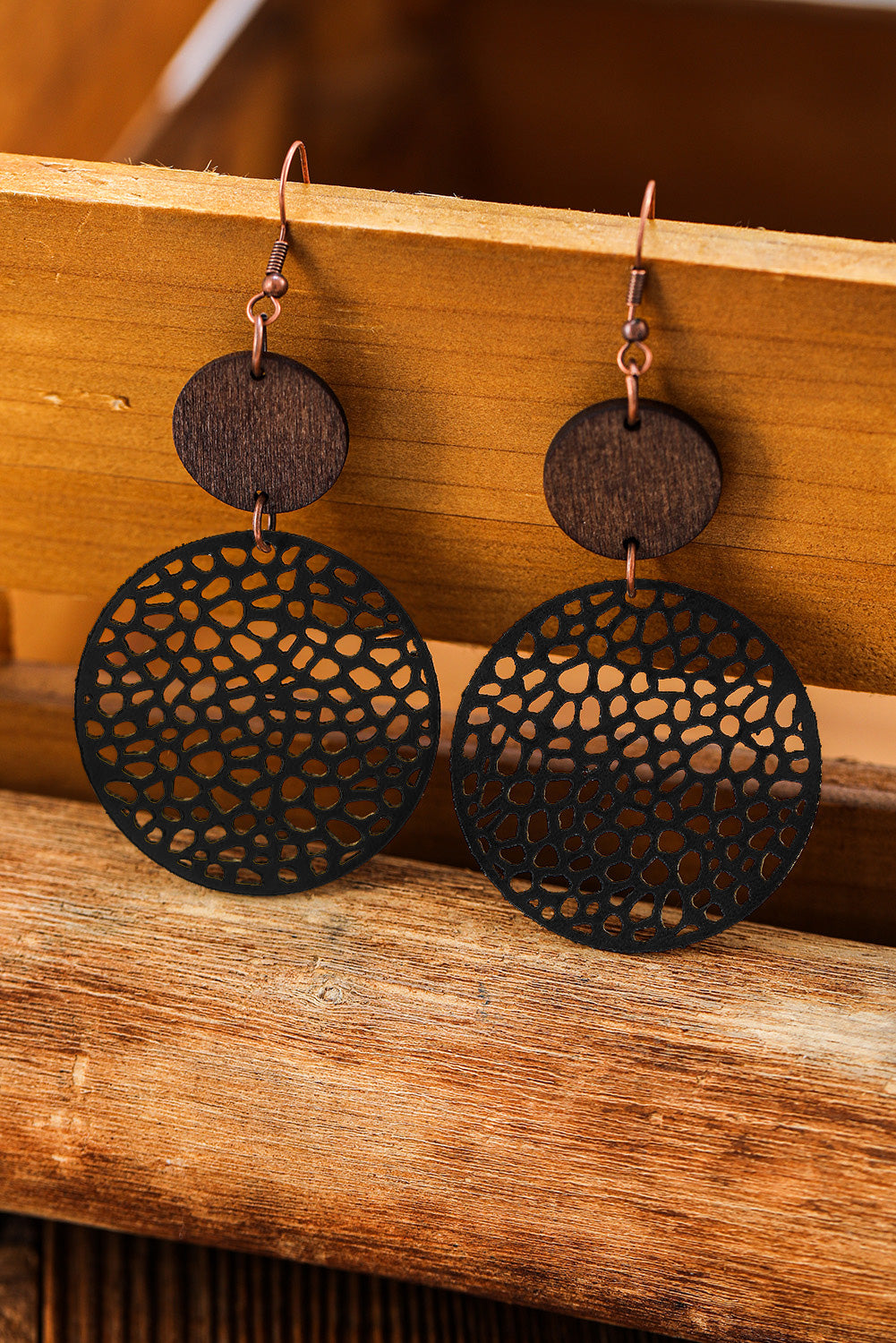 Khaki Hollow Out Wooden Chip Round Drop Earrings