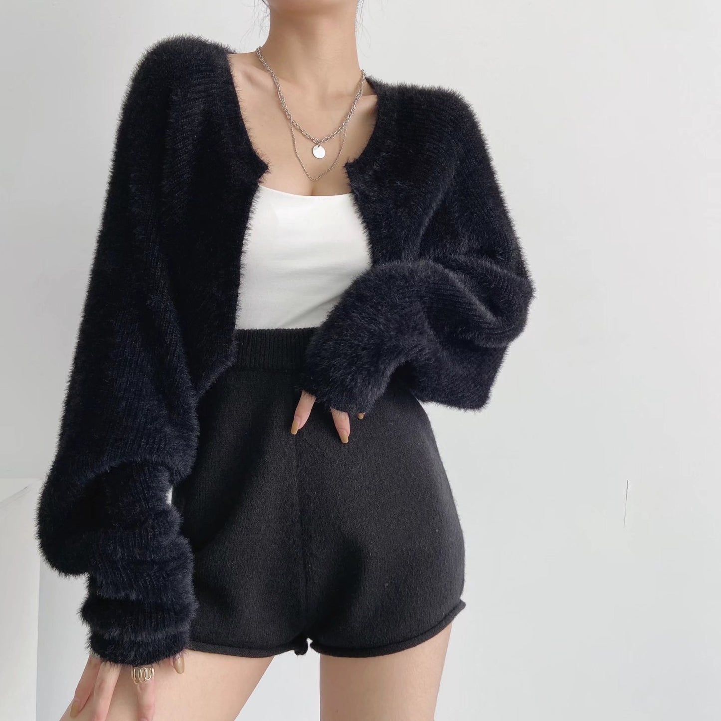 Furry Sweater Long Sleeve Short Blouse Outer Coat