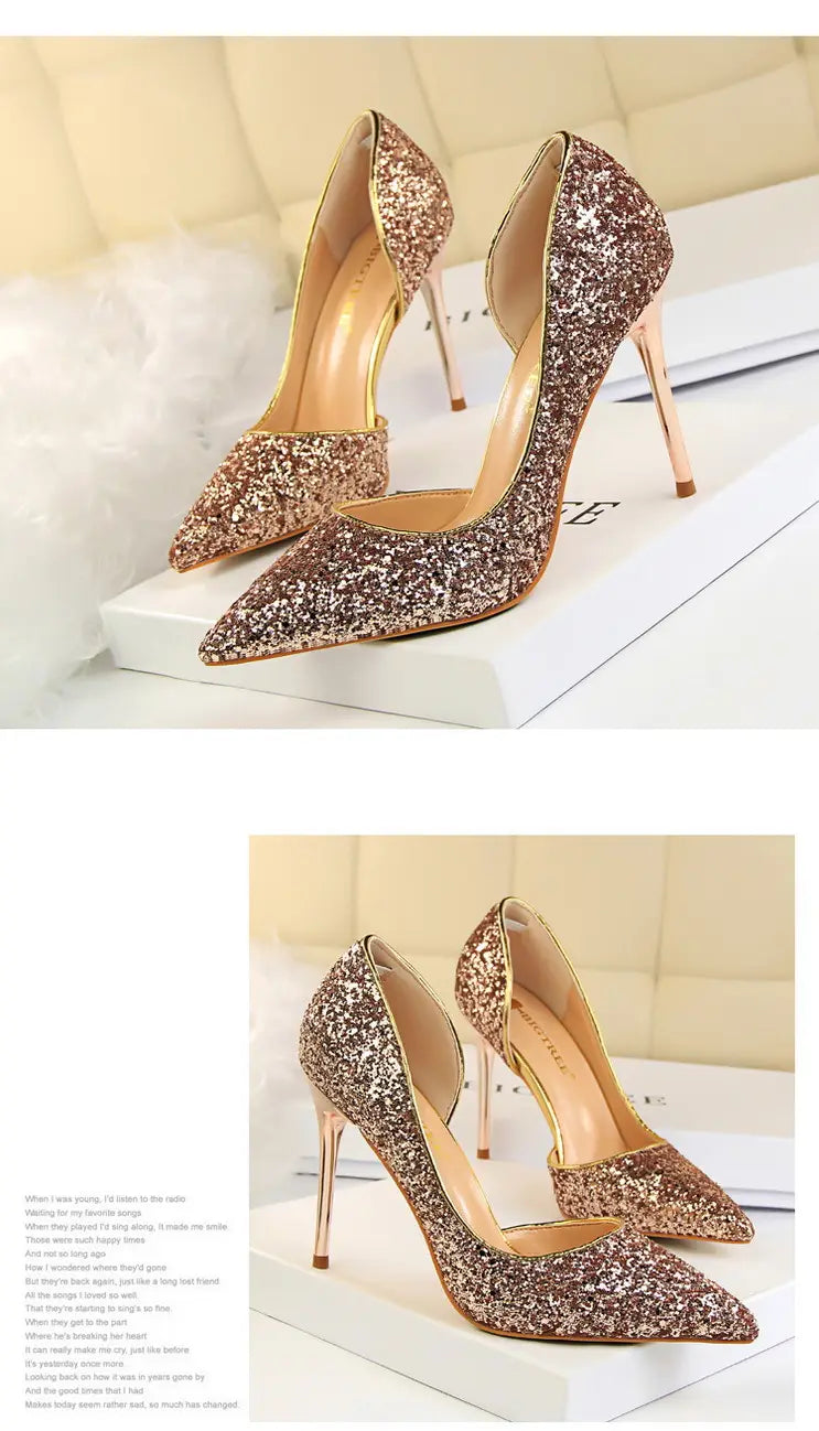 Skinny Women’s Shoes Stiletto Heel Shallow Mouth Pointed Side Hollow-out Sequin