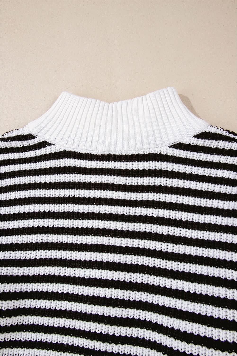 Black Stripe Zip Up Collar Drop Sleeve Sweater.