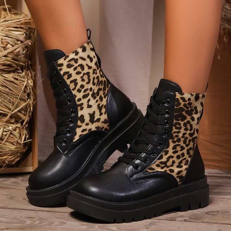 Women's Plus Size Leopard Splicing Martin Boots