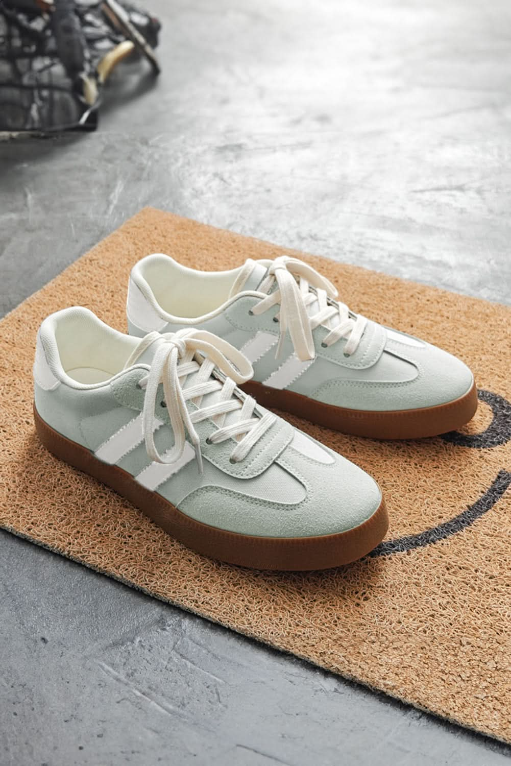 White Striped Lace Up Flat Sneakers.