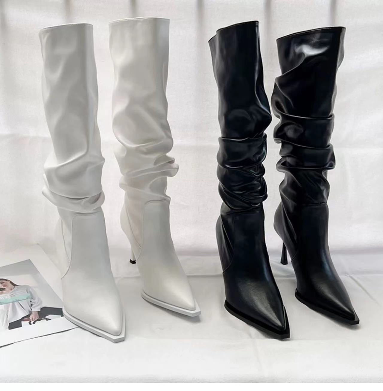 European And American Pointed Pleated High Boots Women