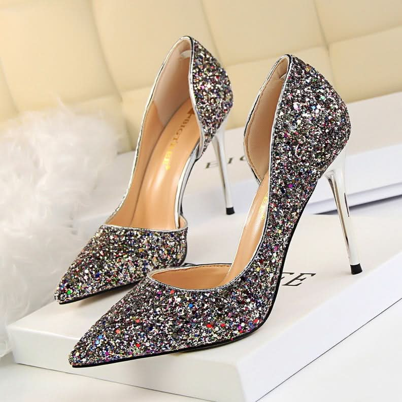 Skinny Women's Shoes Stiletto Heel Shallow Mouth Pointed Side Hollow-out Sequin.