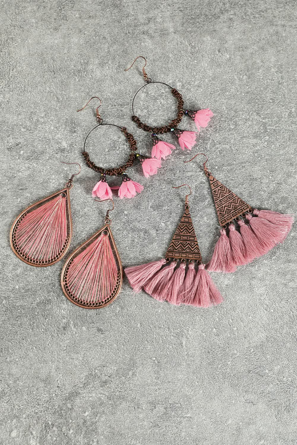 3 Pairs Boho Floral Tasseled Geometric Dangle Earrings Set.