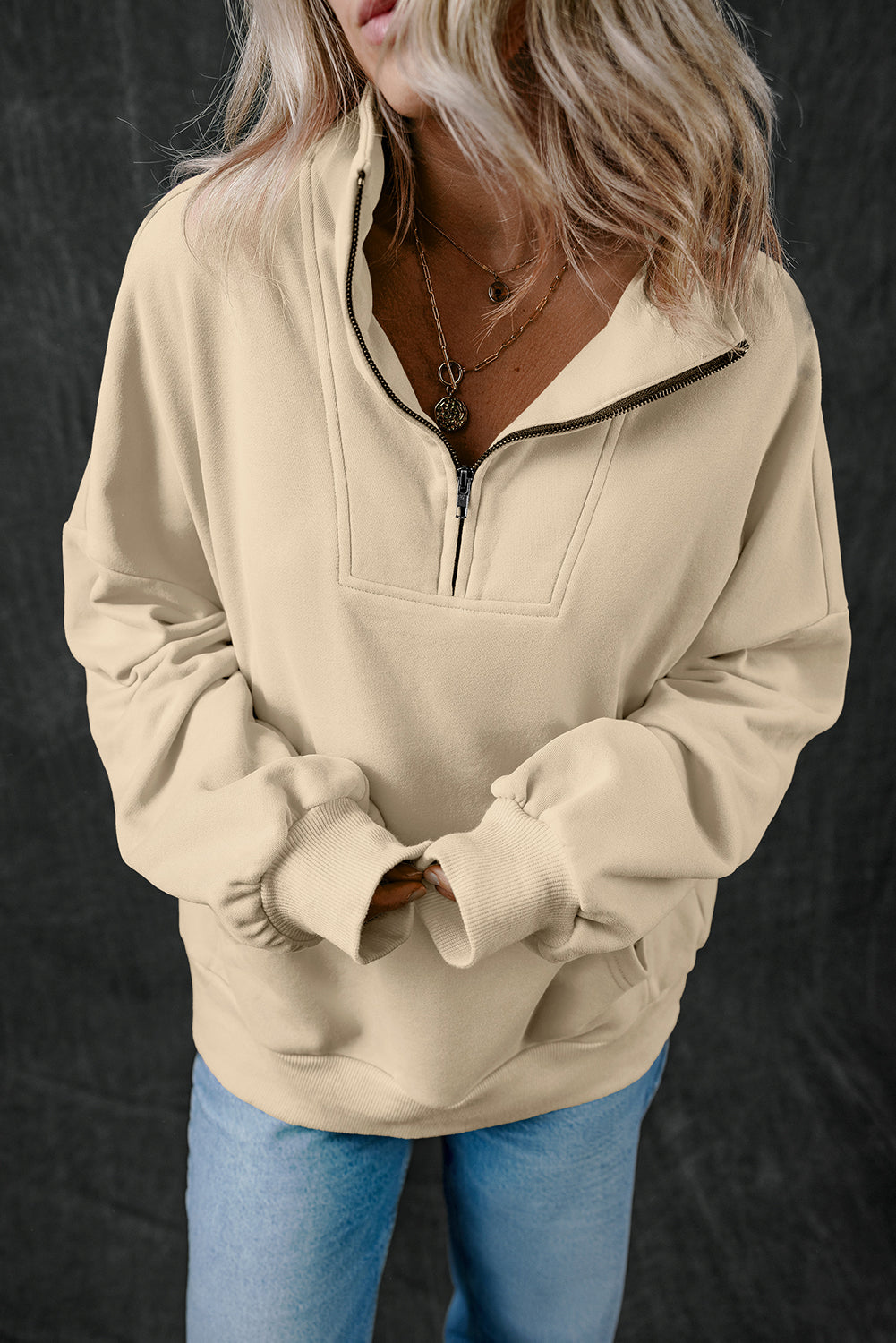 Zip-up Stand Neck Kangaroo Pocket Hoodie