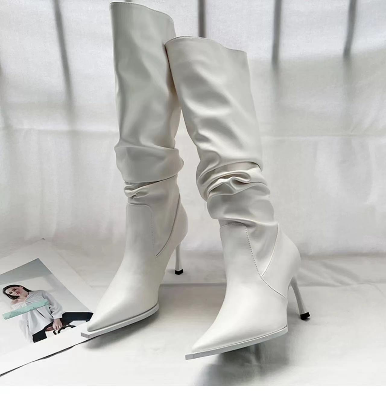 European And American Pointed Pleated High Boots Women