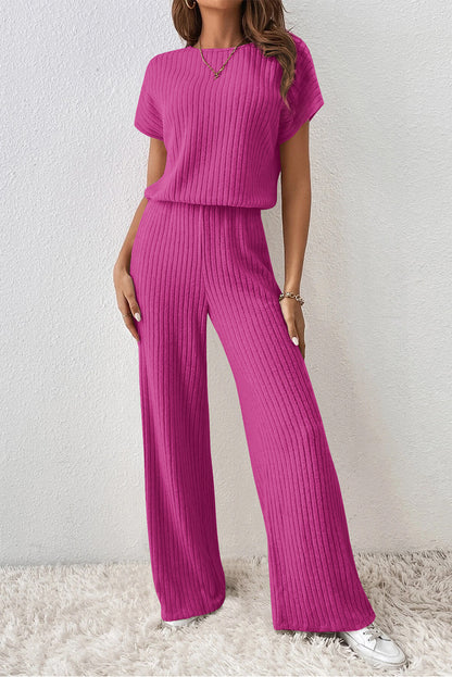 Parchment Ribbed Short Sleeve Wide Leg Jumpsuit