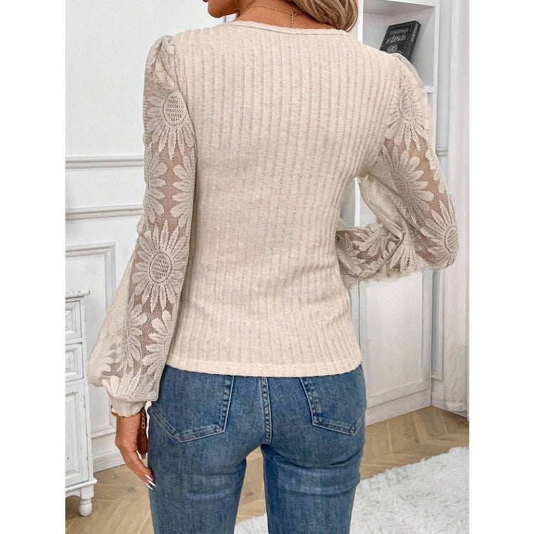 Women's Long-sleeved U Collar Pin Woven Bottoming Shirt