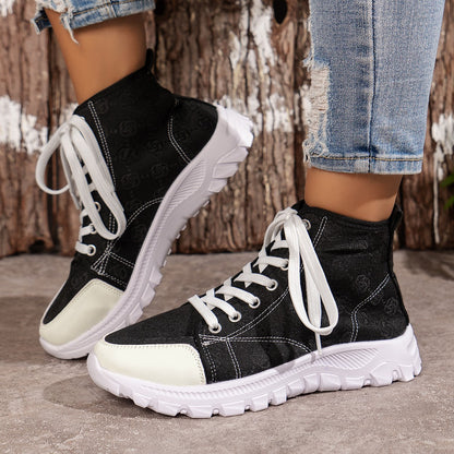 Rose-printed Lace-up Boots Fashion Breathable Canvas Shoes