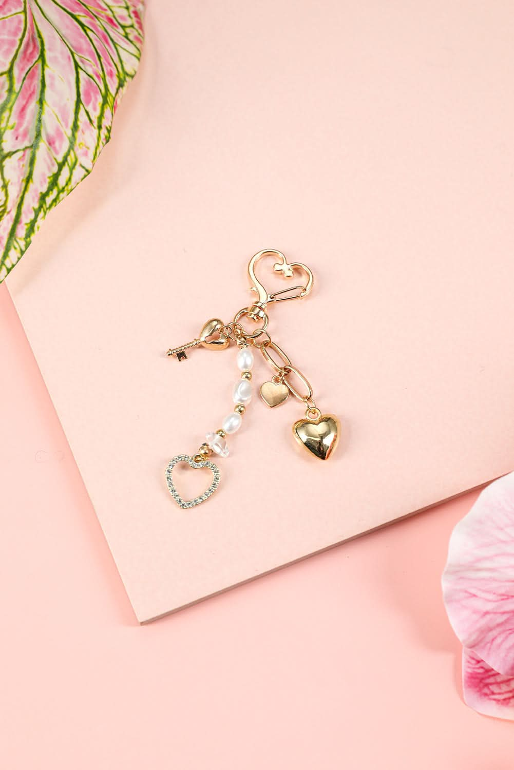 Gold Pearl Heart Aesthetic Charm Keychain.