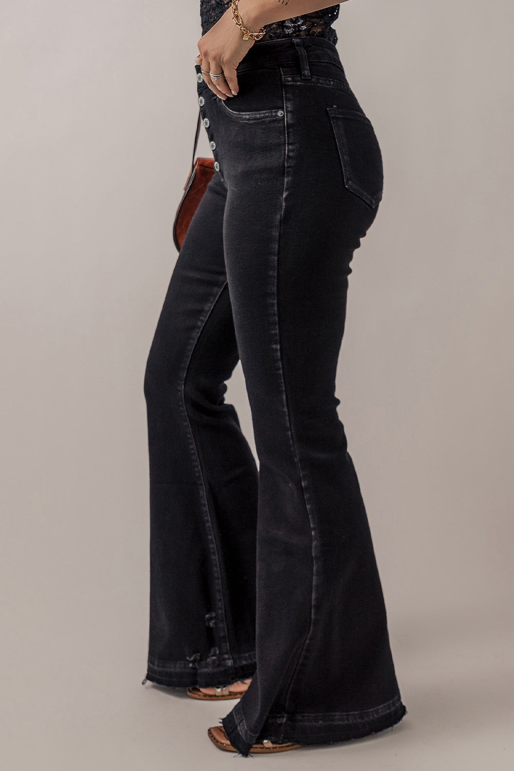 Black High Waist Button Front Flare Jeans.