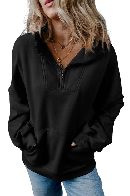 Zip-up Stand Neck Kangaroo Pocket Hoodie