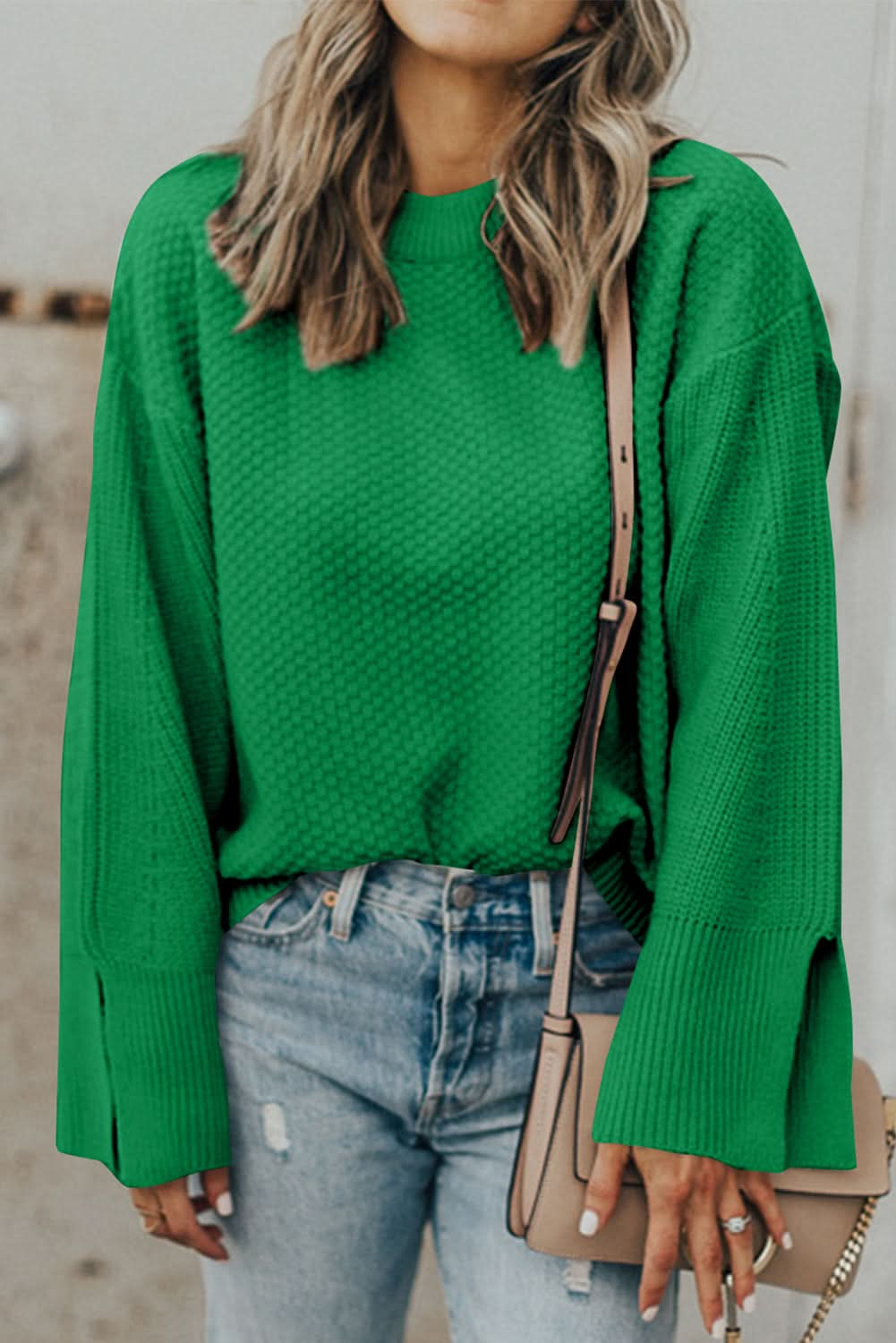 Dark Green Textured Knit Sweater.