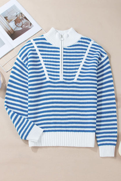 Black Stripe Zip Up Collar Drop Sleeve Sweater.