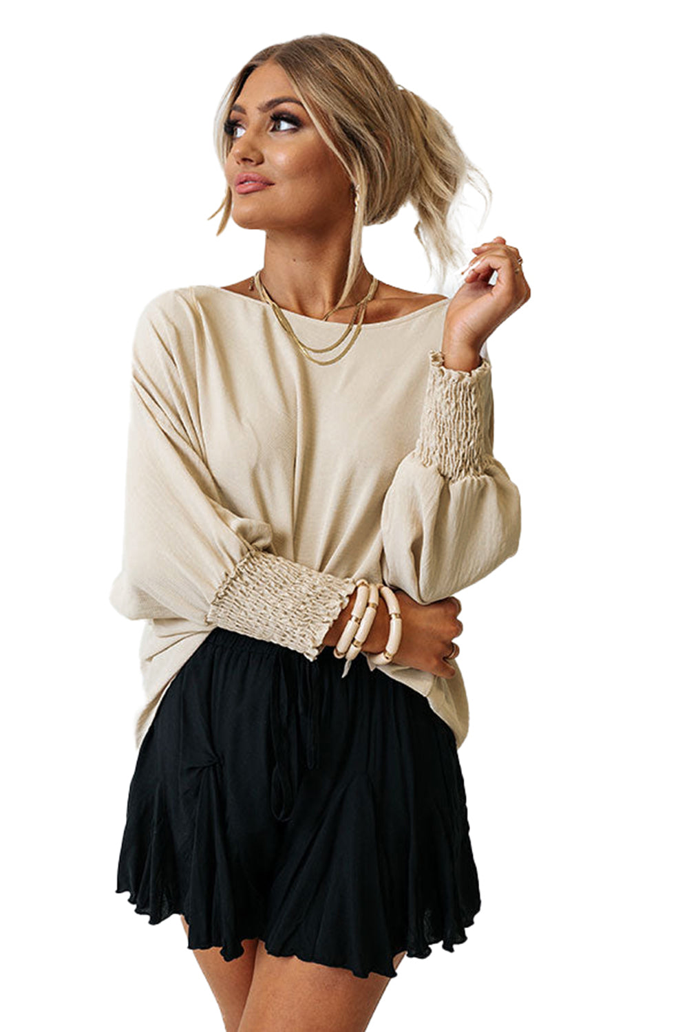 Casual Shirred Cuffs Half Sleeve Blouse