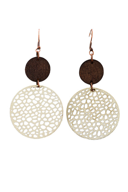 Khaki Hollow Out Wooden Chip Round Drop Earrings