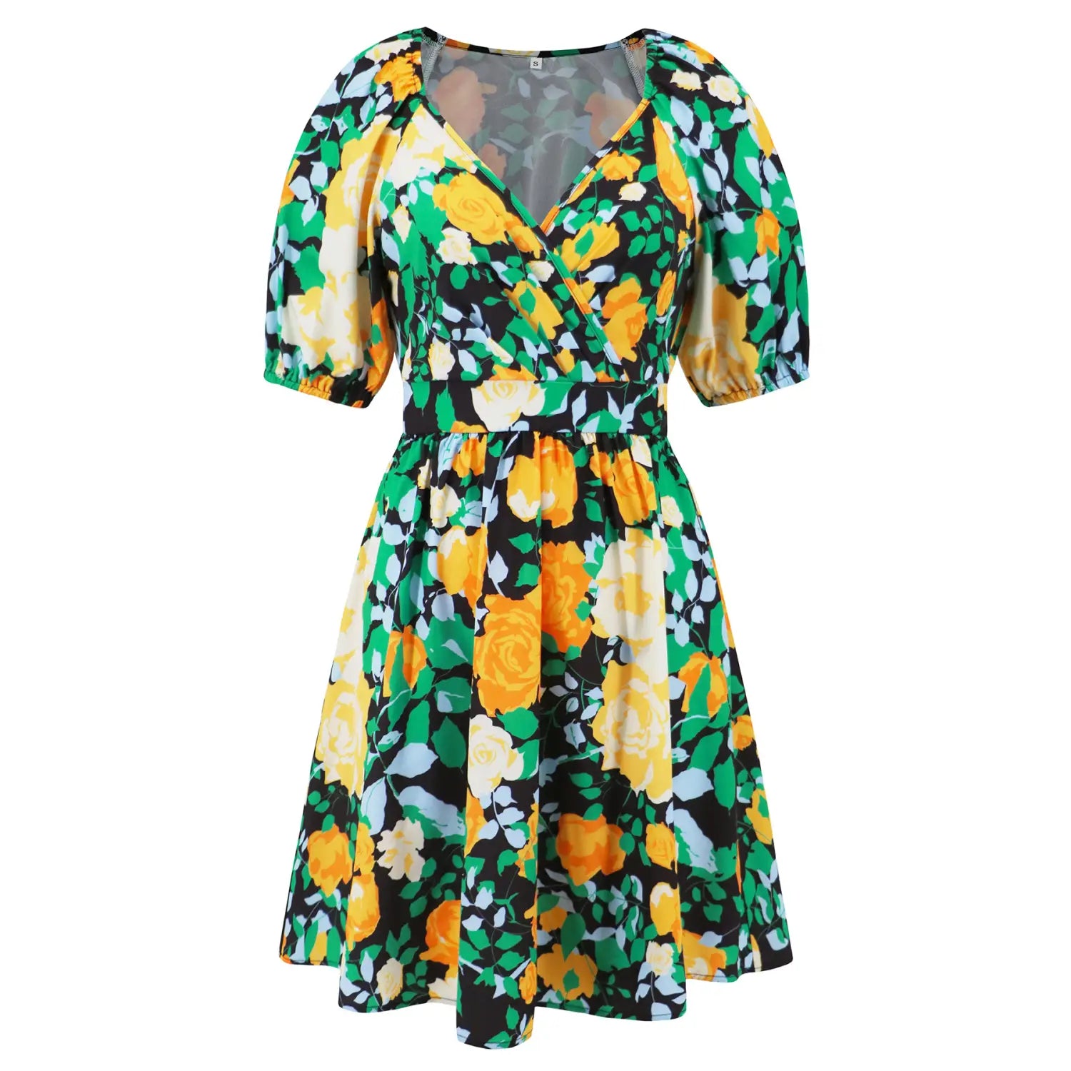 Flowers Print V-Neck Lantern-sleeve Dress