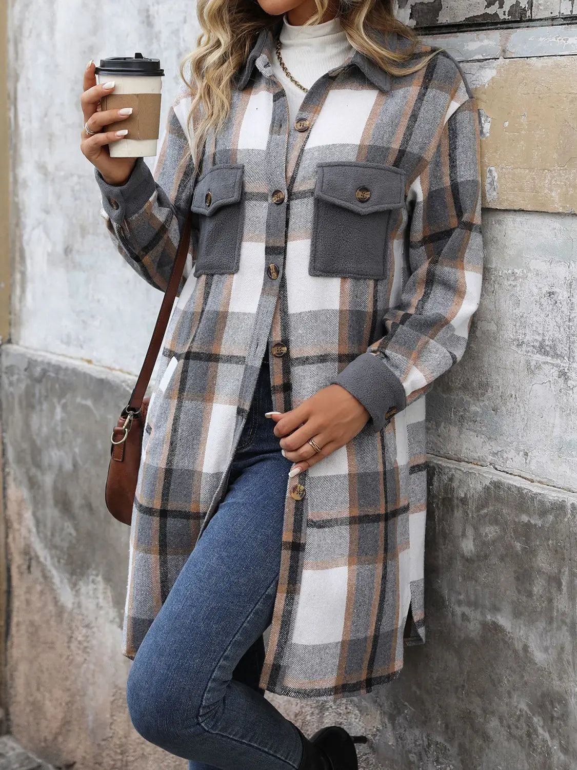 New Brushed Plaid Long Coat With Pockets Fashion Winter Jacket