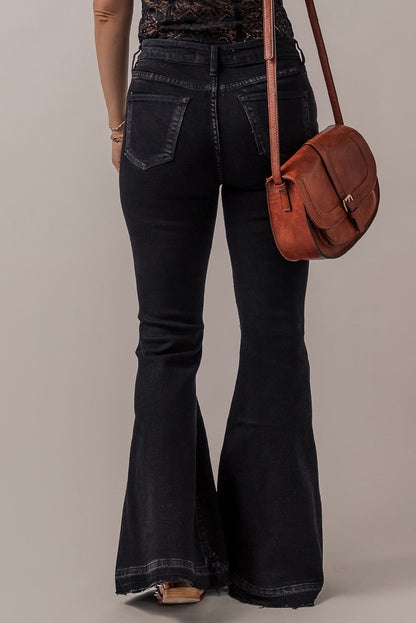 Black High Waist Button Front Flare Jeans.