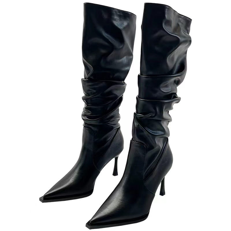 European And American Pointed Pleated High Boots Women