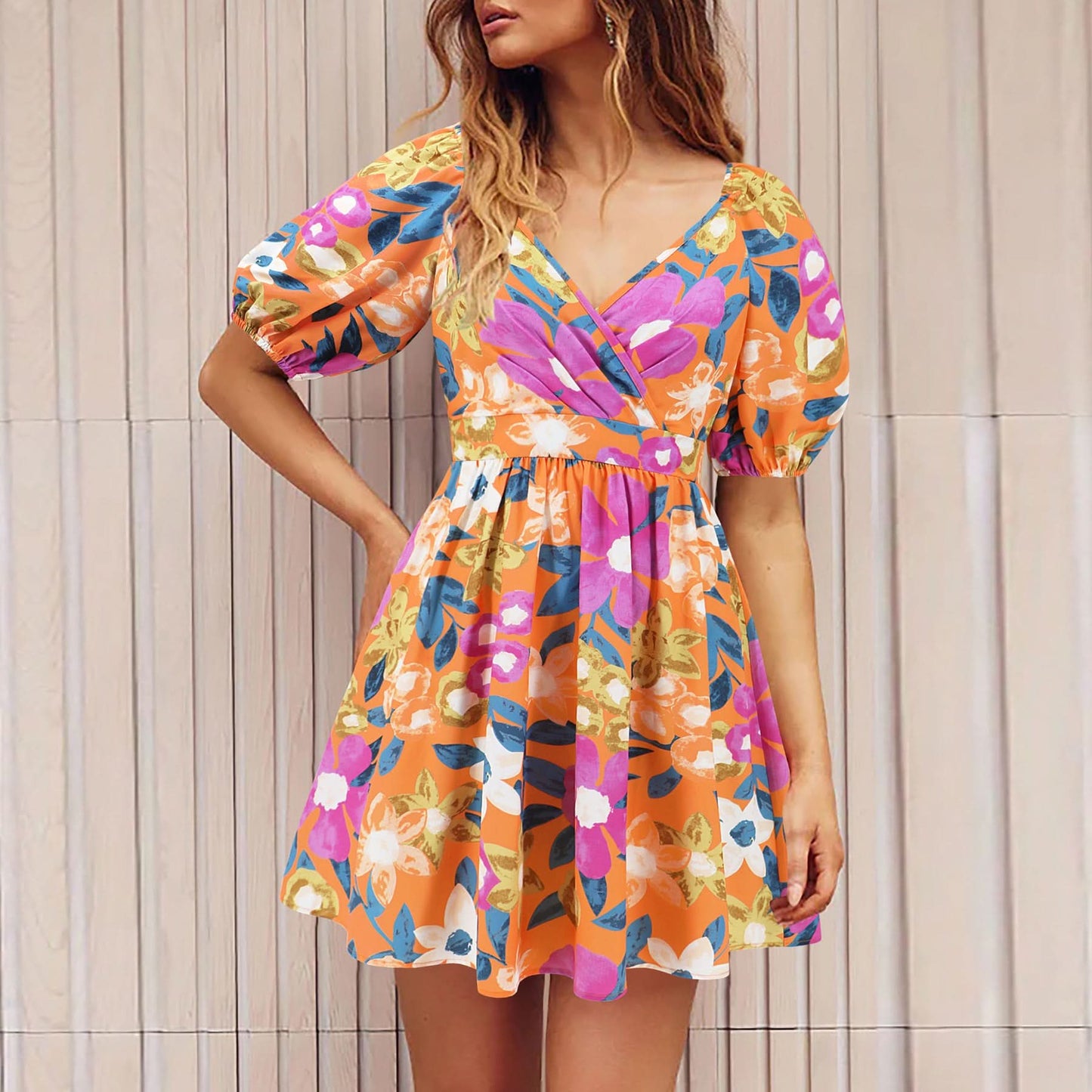 Flowers Print V-Neck Lantern-sleeve Dress.