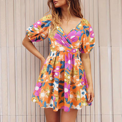 Flowers Print V-Neck Lantern-sleeve Dress.