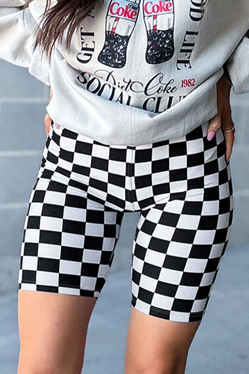 Black Checkerboard Printed High Waist Biker Shorts.