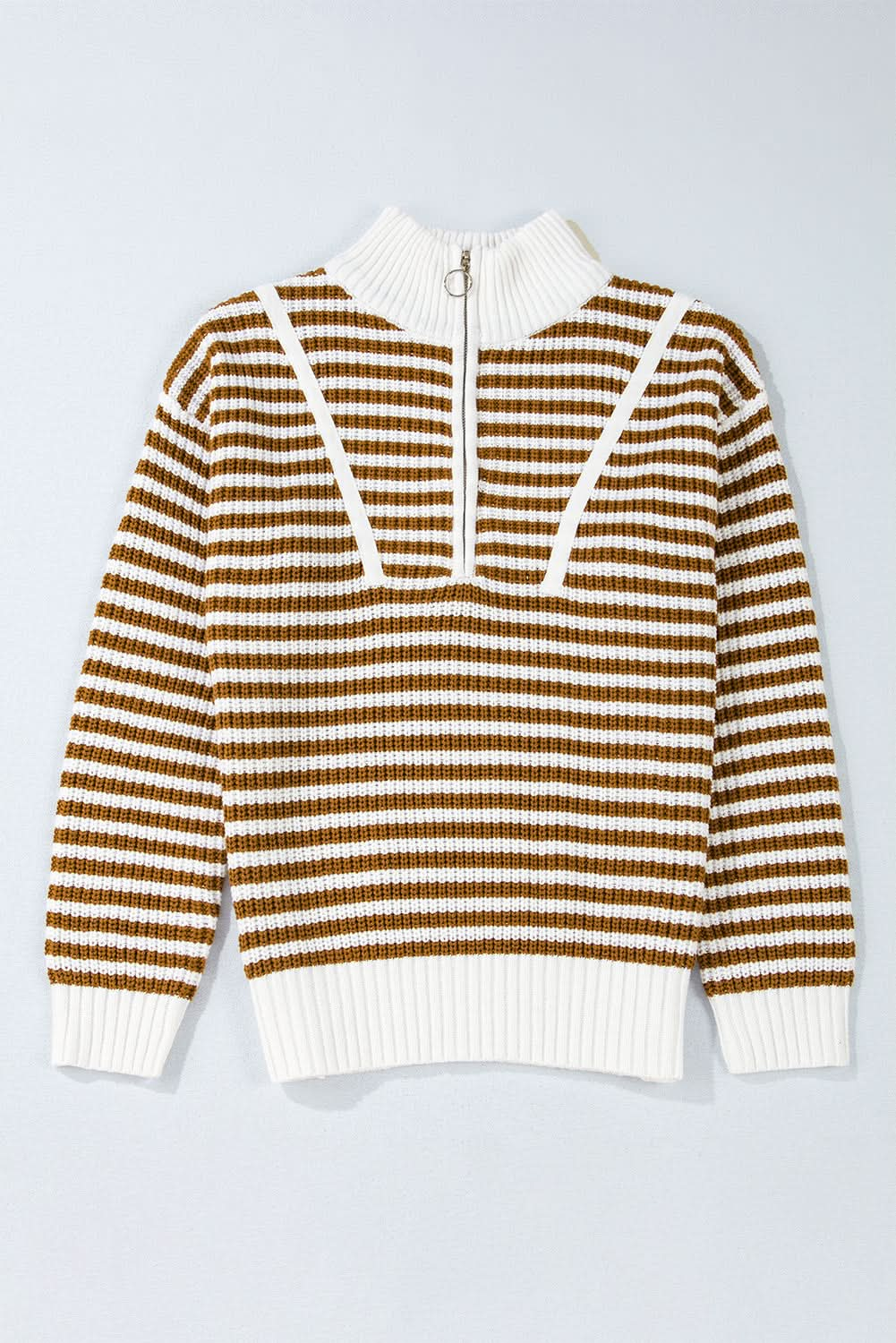 Black Stripe Zip-Up Collar Drop Sweater for Casual Elegance