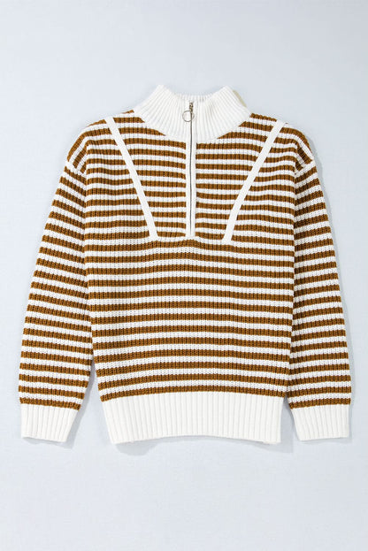 Black Stripe Zip-Up Collar Drop Sweater for Casual Elegance