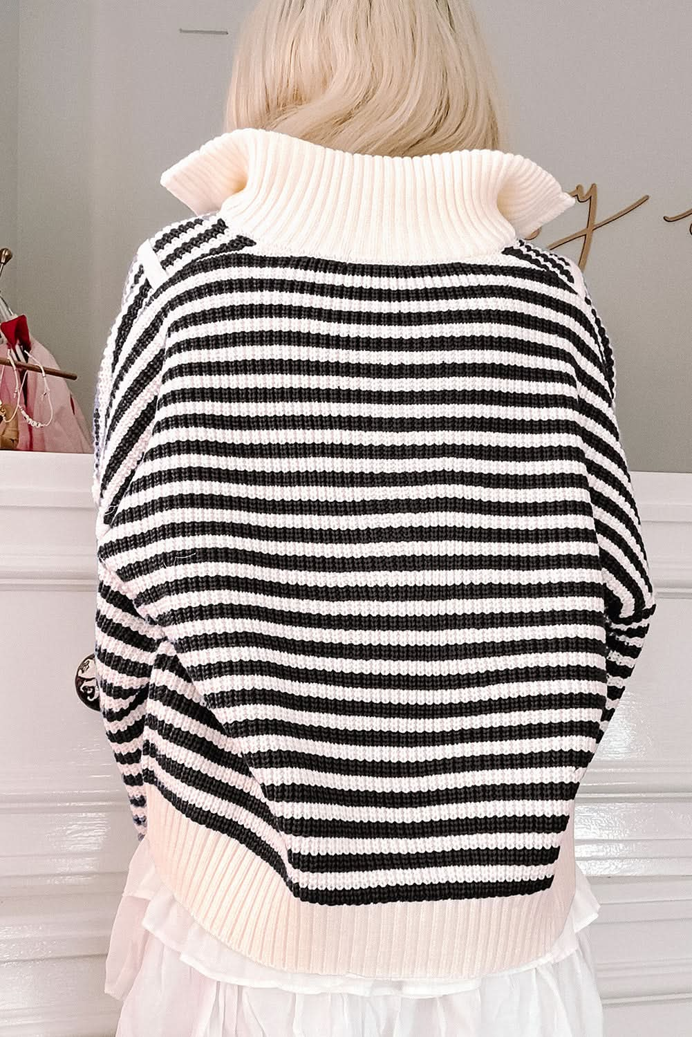 Black Stripe Zip Up Collar Drop Sleeve Sweater.